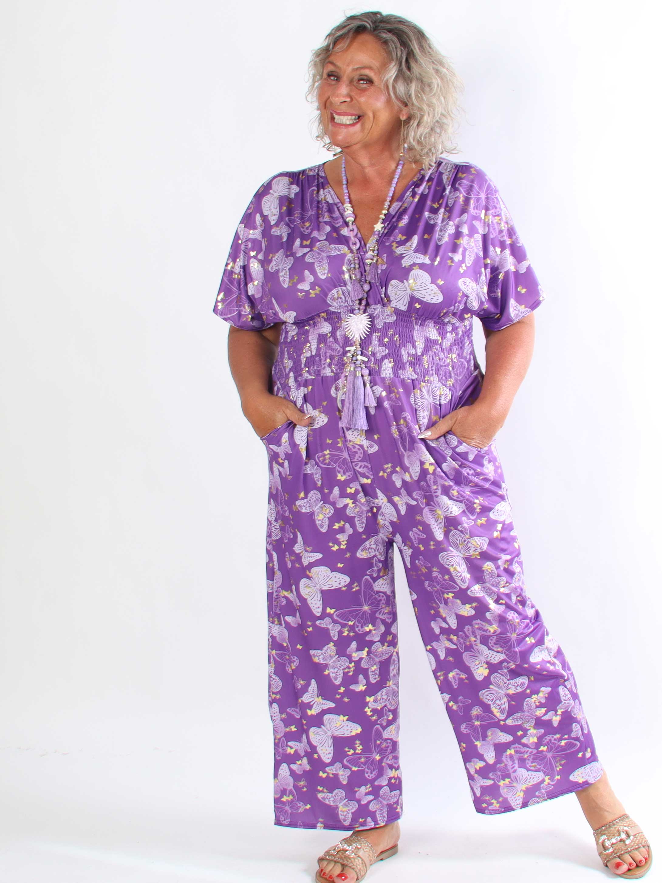 Pams Butterfly Jumpsuit - Elastisk plus size buksedragt i sommerfugleprint